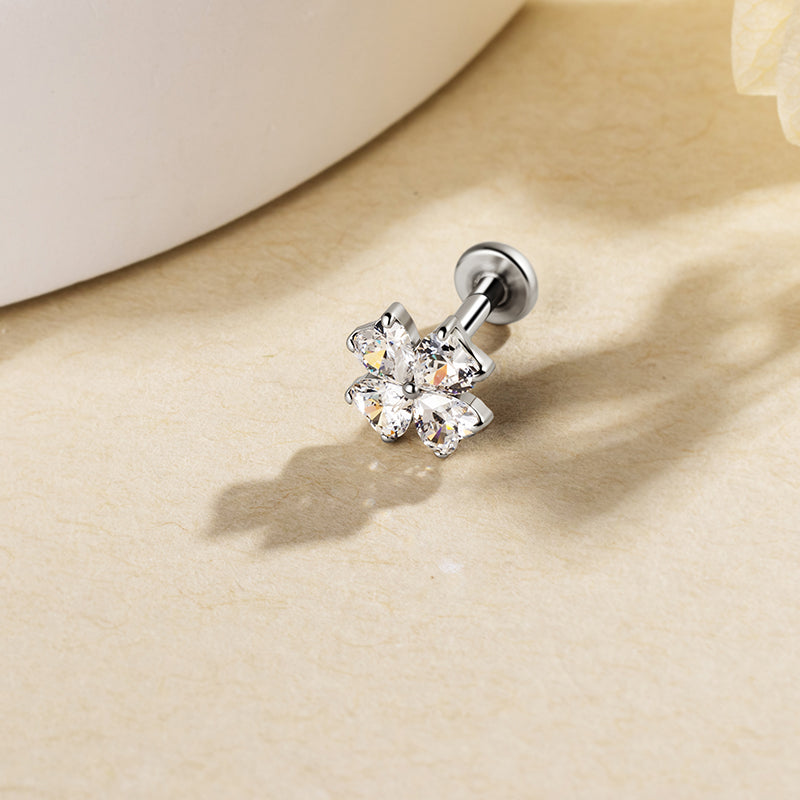 Silver-colored four-leaf clover flat-back stud with four clear heart-shaped stones, catalog option Silver+White CZ