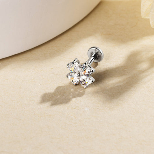 Silver-colored four-leaf clover flat-back stud with four clear heart-shaped stones, catalog option Silver+White CZ