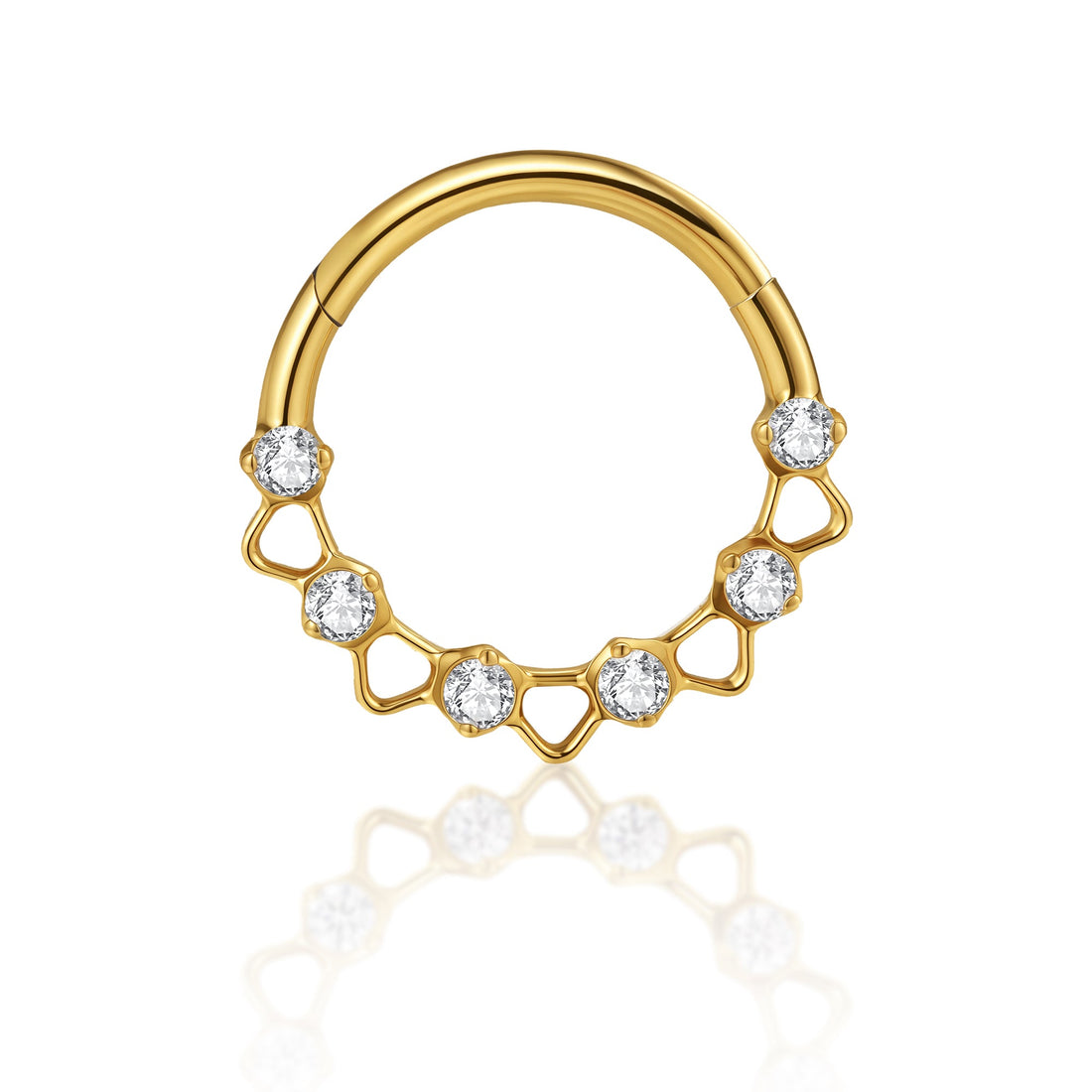 Gold-colored clicker hoop with round clear-looking stones and open triangular details