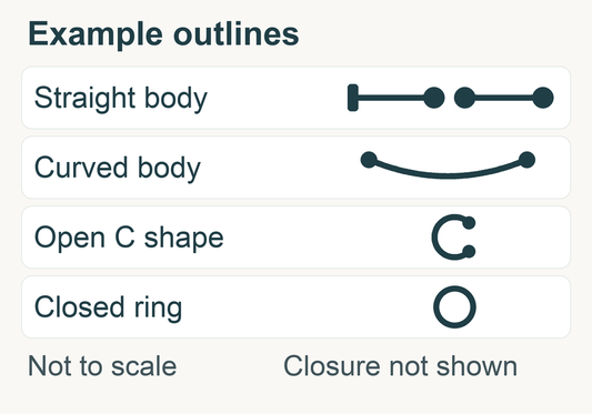 Original outline examples: a straight body with disc-backed and ball-ended versions, a curved body, an open C shape, and a closed ring. Connections are not shown; not to scale.