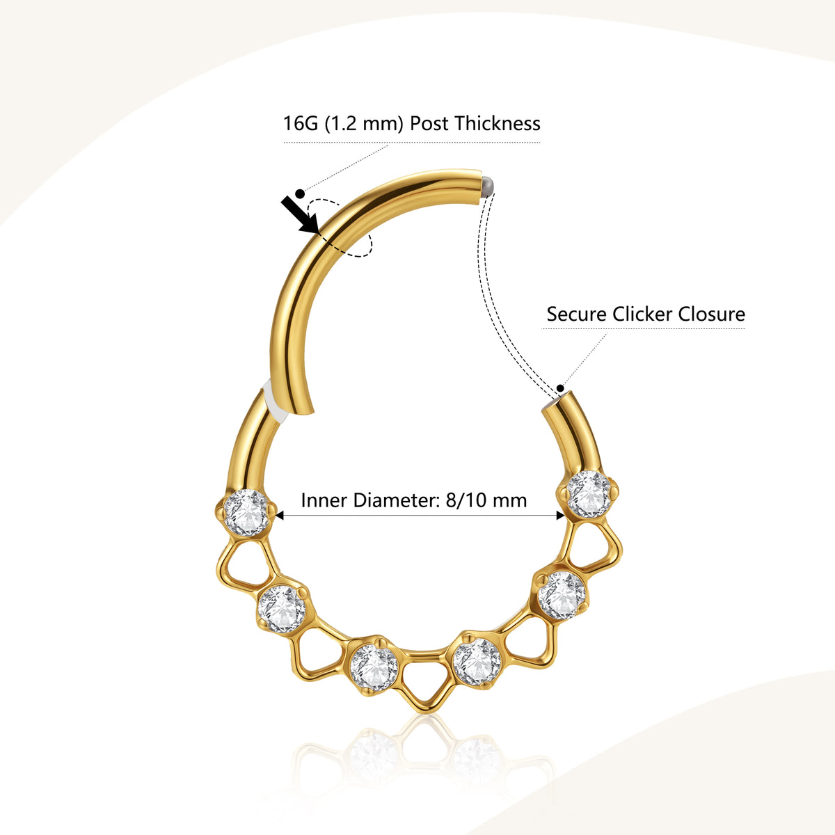G23 Titanium 16G Geometric 18K Gold PVD CZ Clicker Hoop Ring