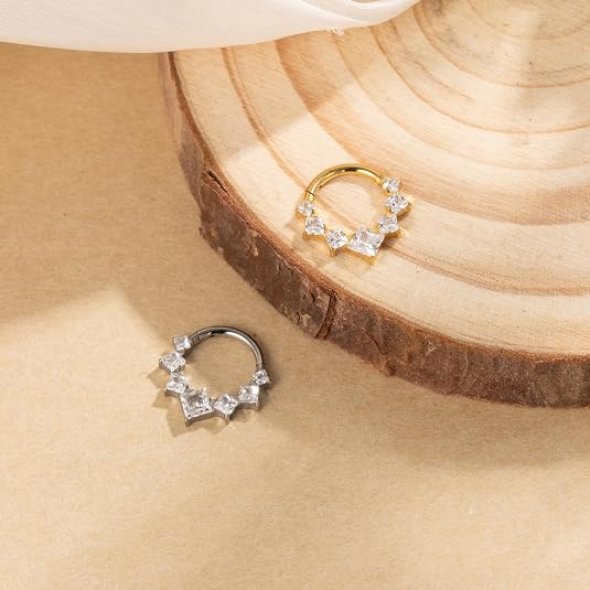 G23 Titanium 16G Geometric Cluster 18K Gold PVD CZ Clicker Hoop Ring