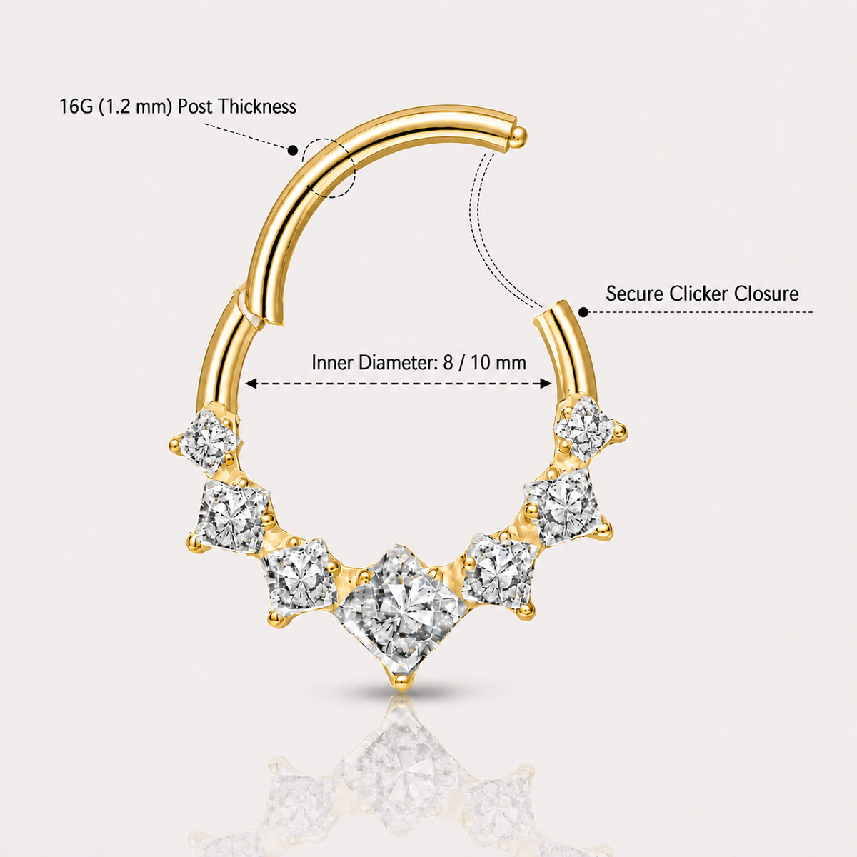 G23 Titanium 16G Geometric Cluster 18K Gold PVD CZ Clicker Hoop Ring