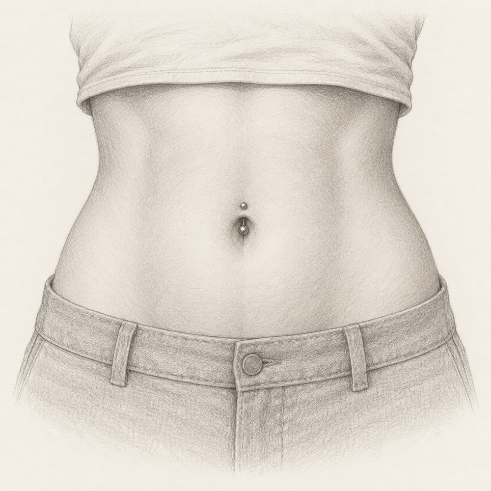 Graphite sketch showing an adult navel piercing between a shirt hem and trouser waistband