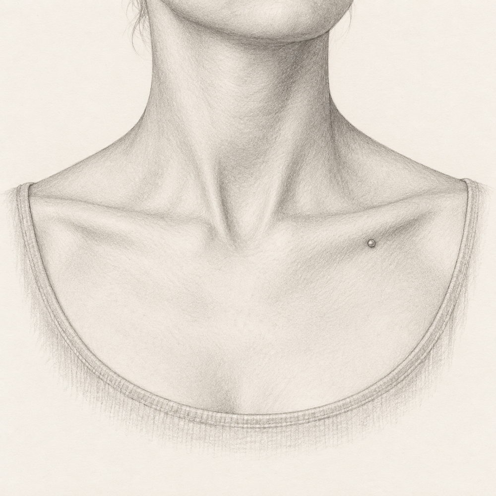 Graphite sketch showing a small dermal stud below an adult collarbone
