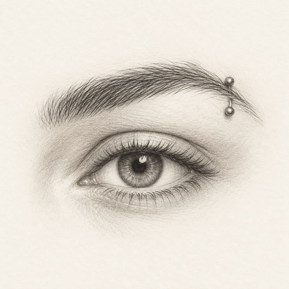 Graphite sketch of an adult eye and outer eyebrow piercing on warm ivory paper