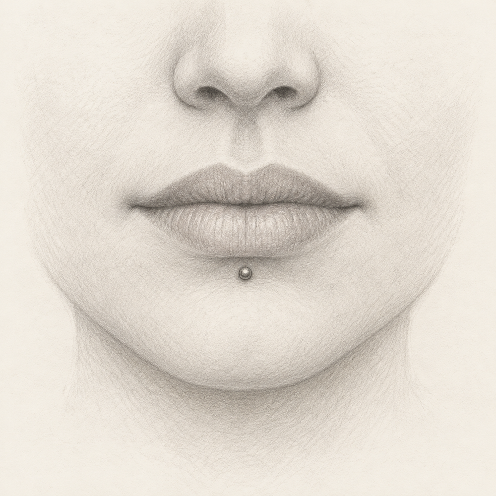 Graphite sketch of an adult mouth with a small lower-lip labret stud