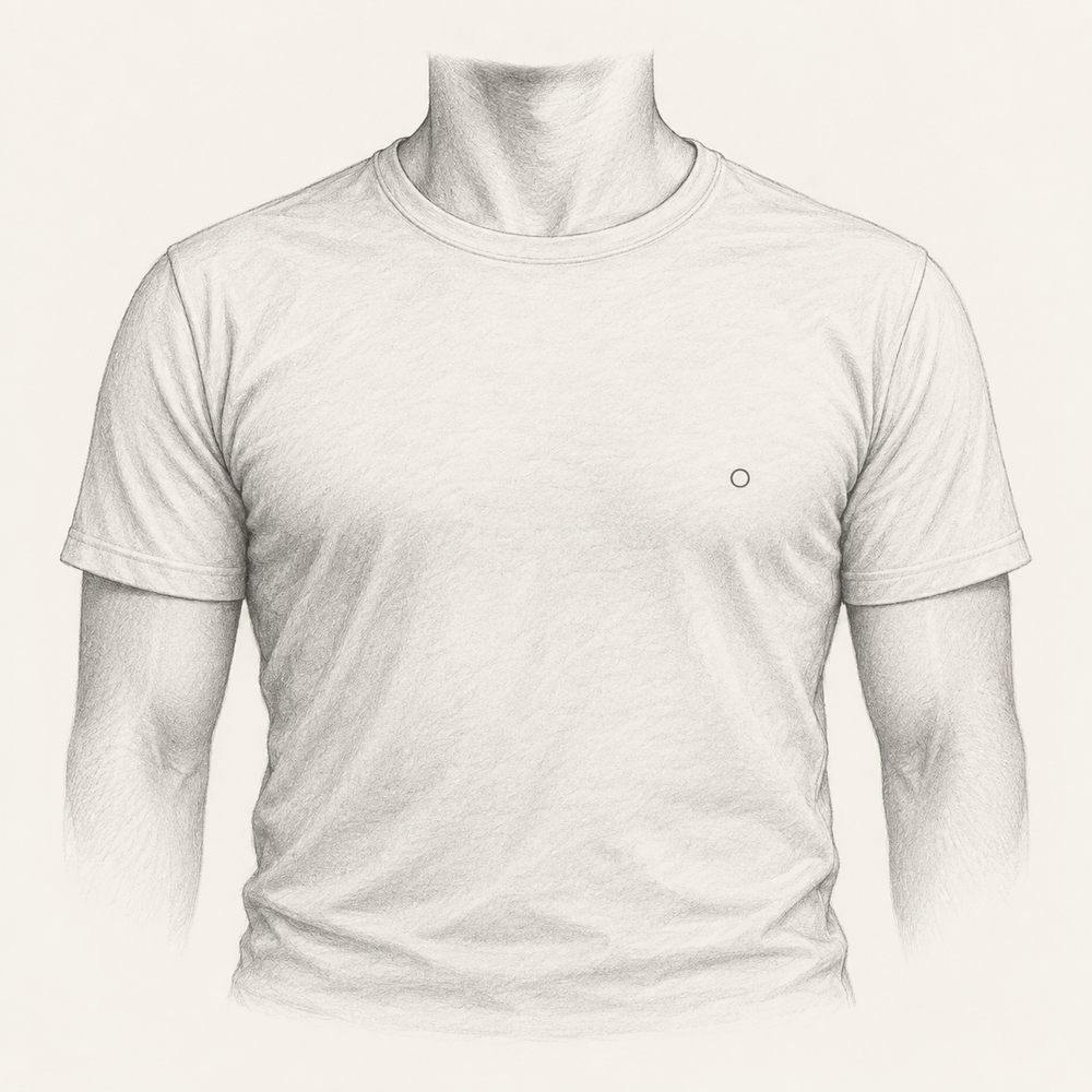 Graphite location diagram of a clothed adult chest with a small circular placement marker