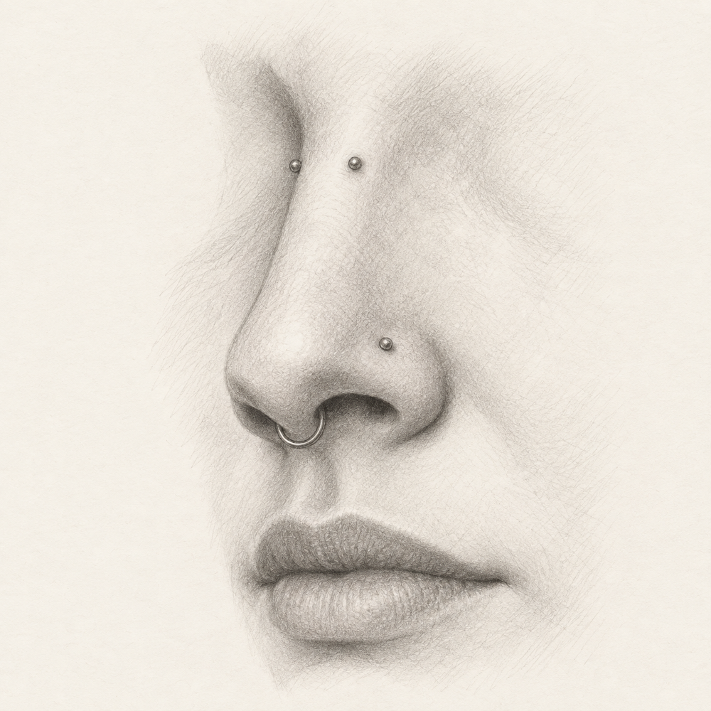 Graphite sketch showing adult nostril, septum, and bridge piercing positions