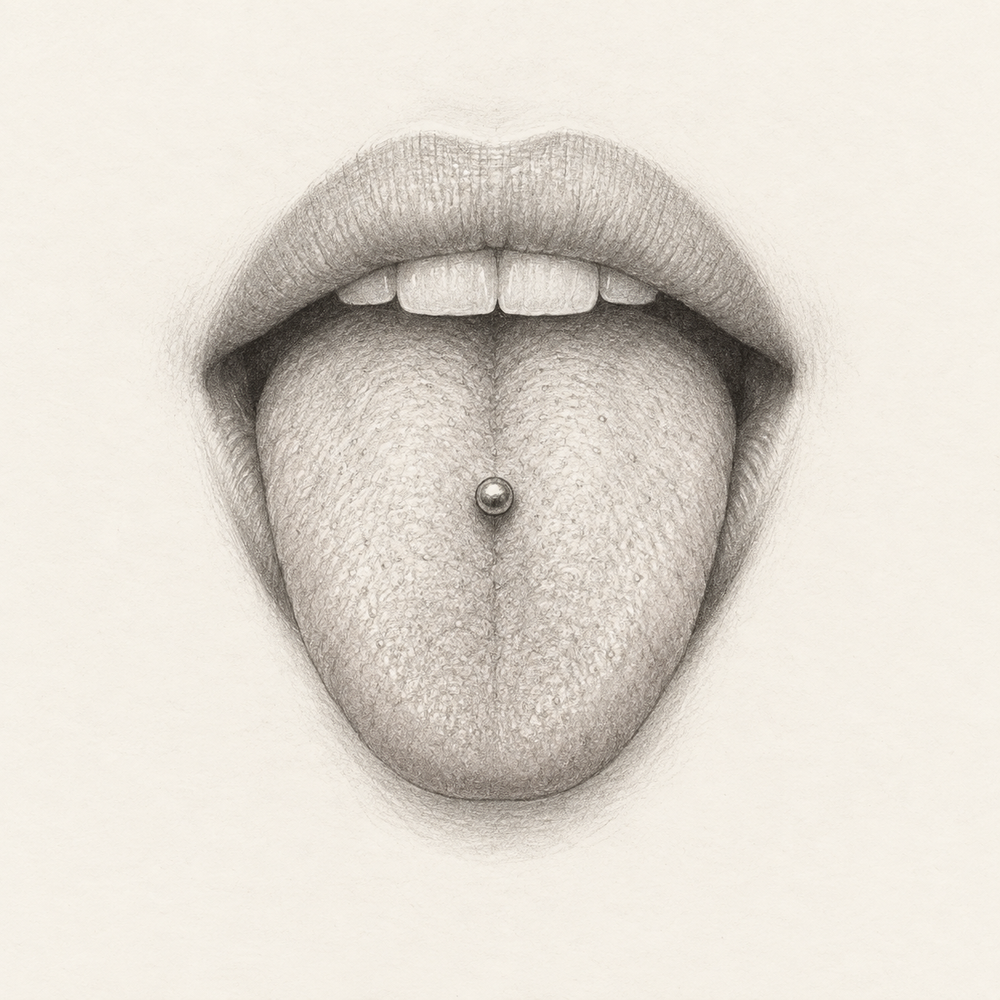 Anatomical graphite sketch showing a central tongue piercing in an adult mouth